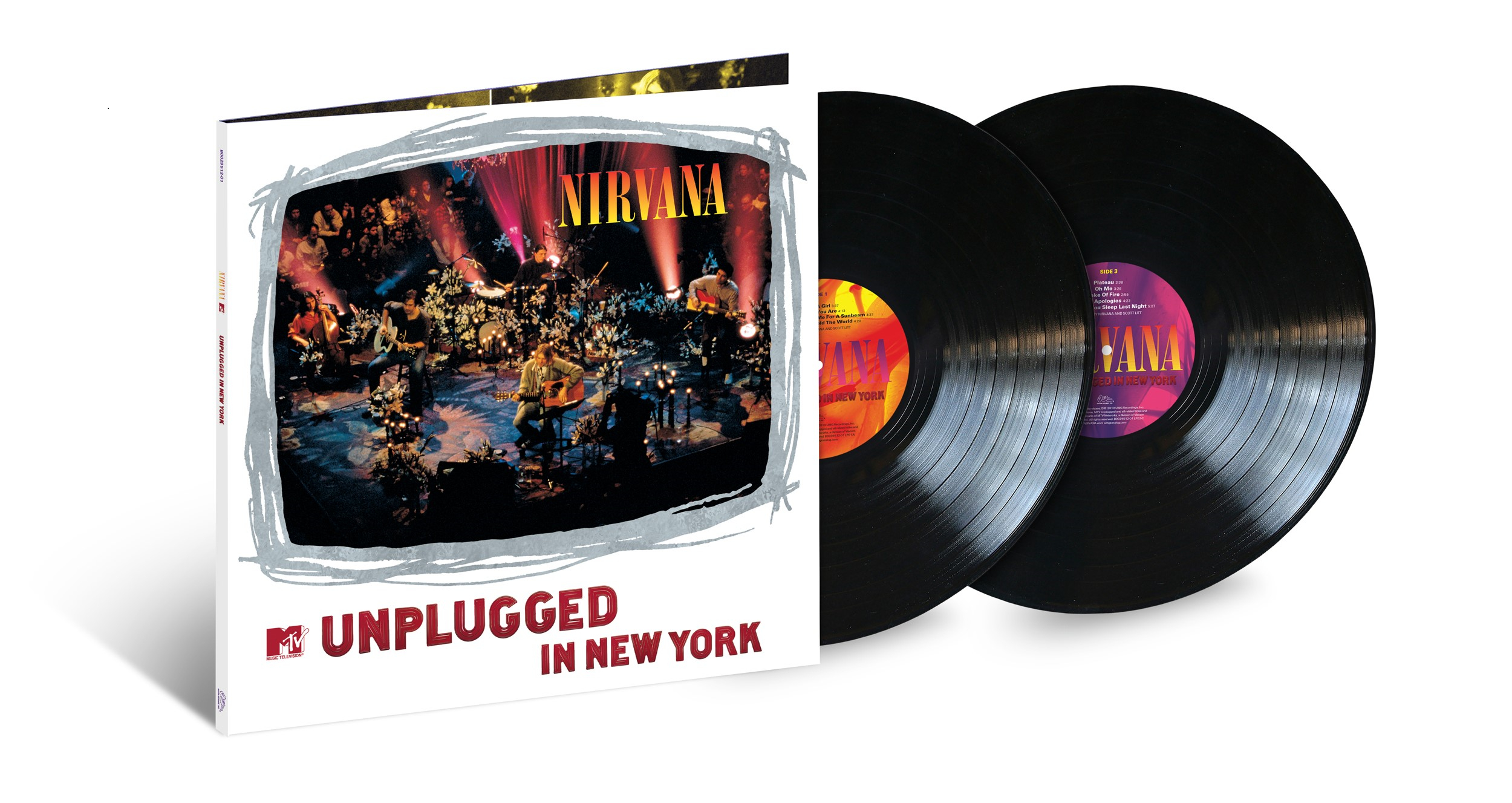 Ein Nirvana Vinyl-Schallplattenalbumcover mit einem Live-Performance-Foto und zwei Vinyl-Schallplatten.
