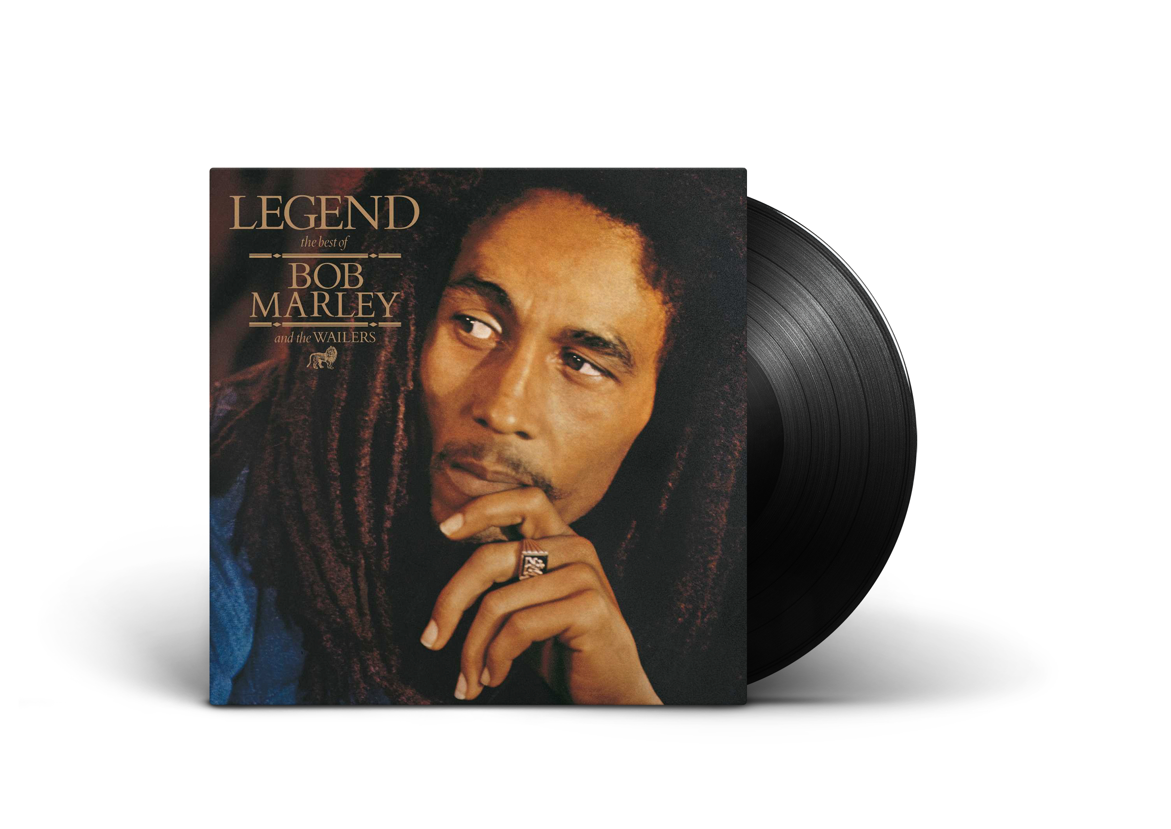 Vinylplatte mit dem Albumcover von Bob Marley 'Legend' auf weißem Hintergrund.