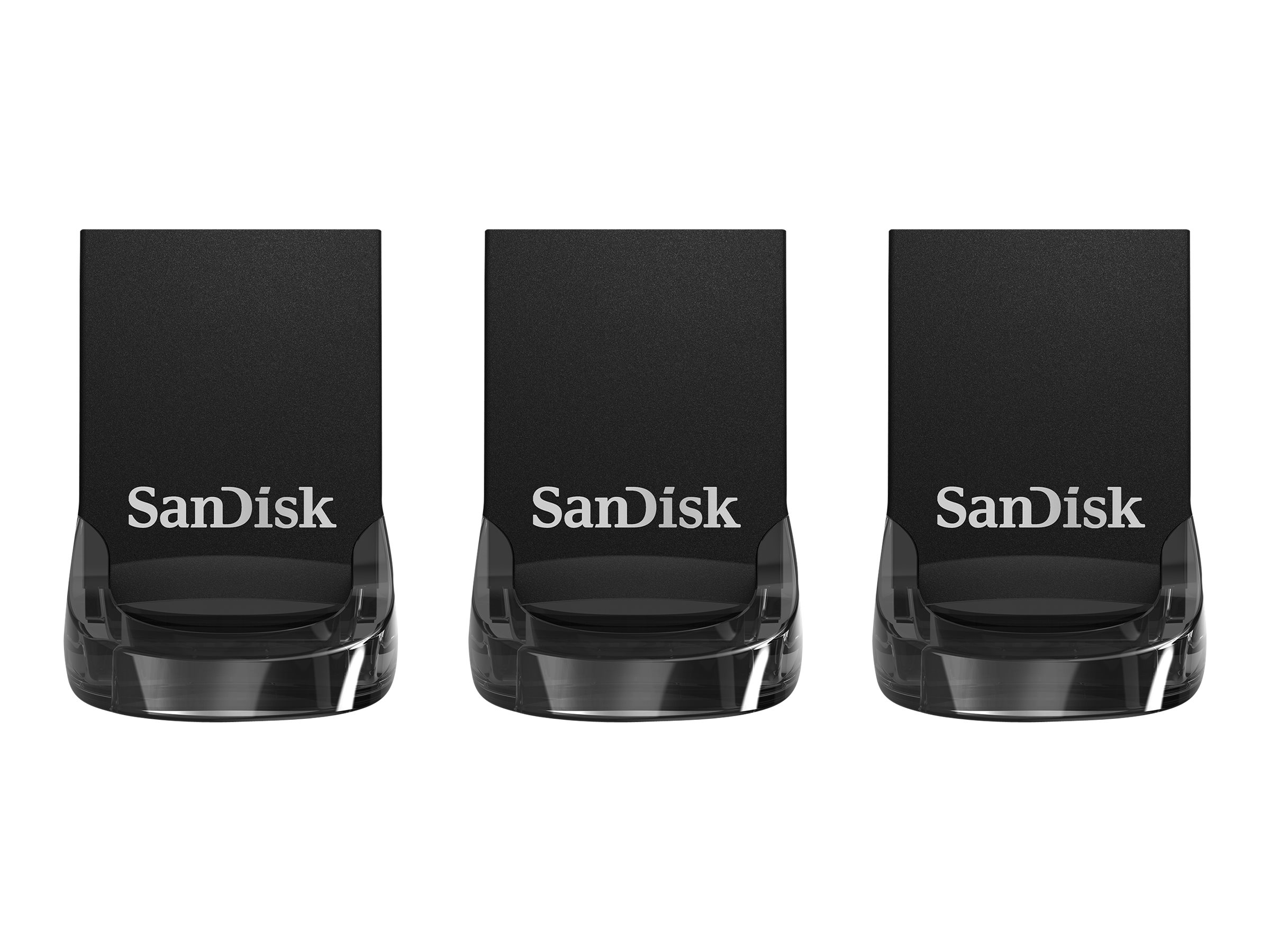 Drei schwarze SanDisk USB-Flash-Laufwerke. Das SanDisk-Logo ist auf jedem Laufwerk sichtbar.