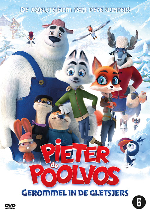 Animatiefilmposter met cartoonfiguren in een besneeuwd landschap. Titel: 'Pieter de Poolvos'.