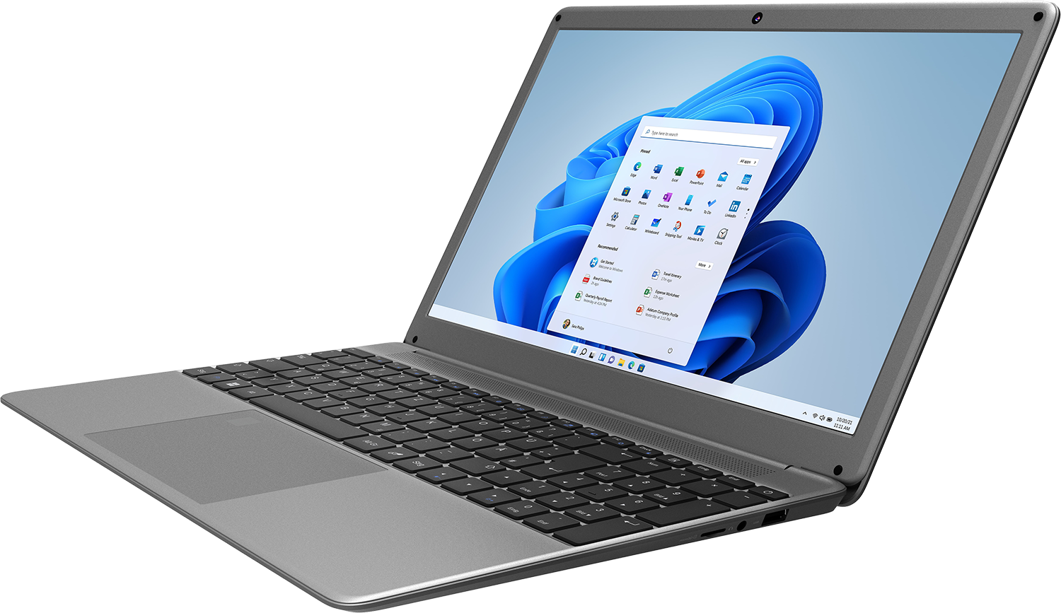 Egy szürke laptop a Windows 11 felülettel a képernyőn, nyitva egy asztalon.