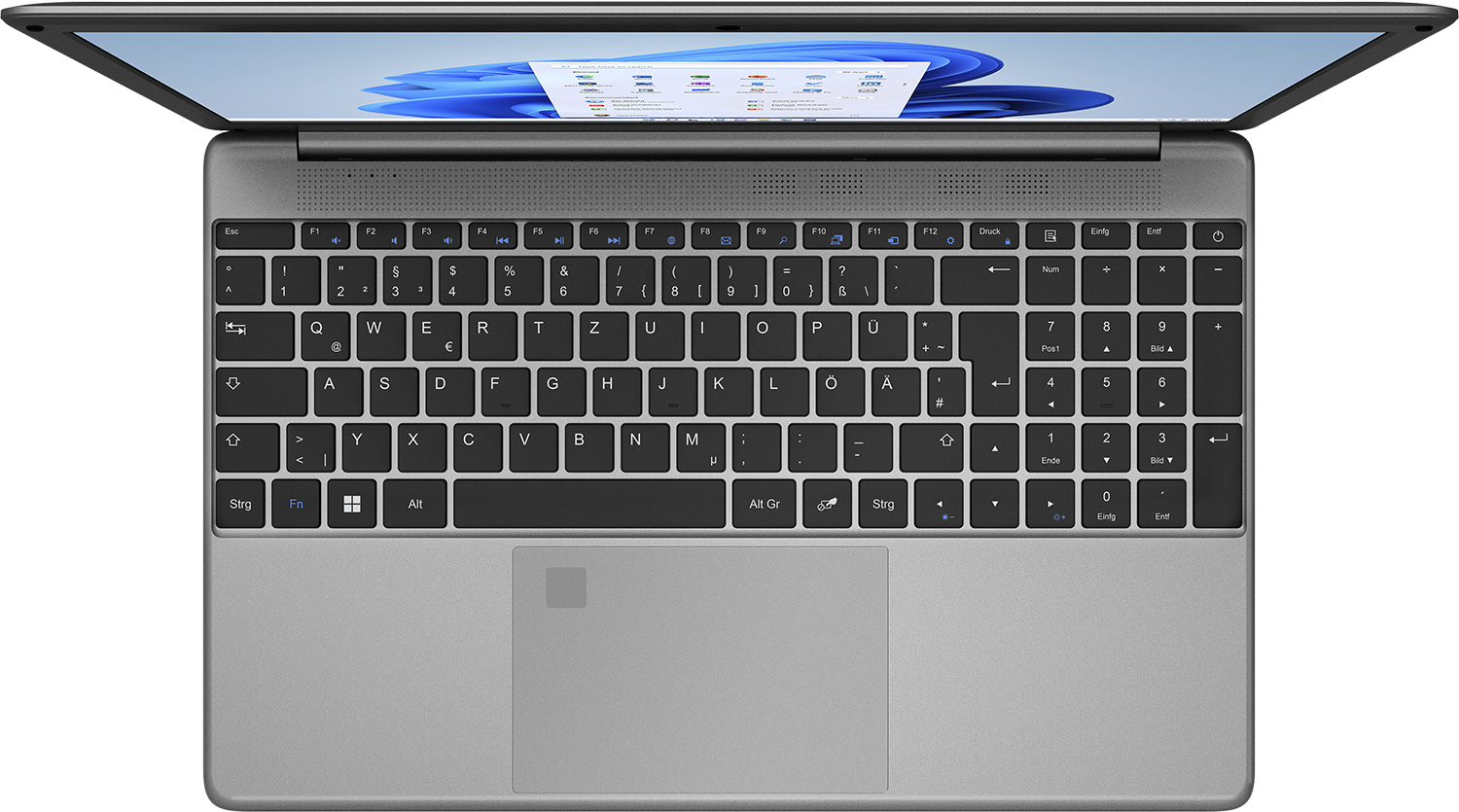 Felülnézet egy szürke laptopról nyitott képernyővel és billentyűzettel.
