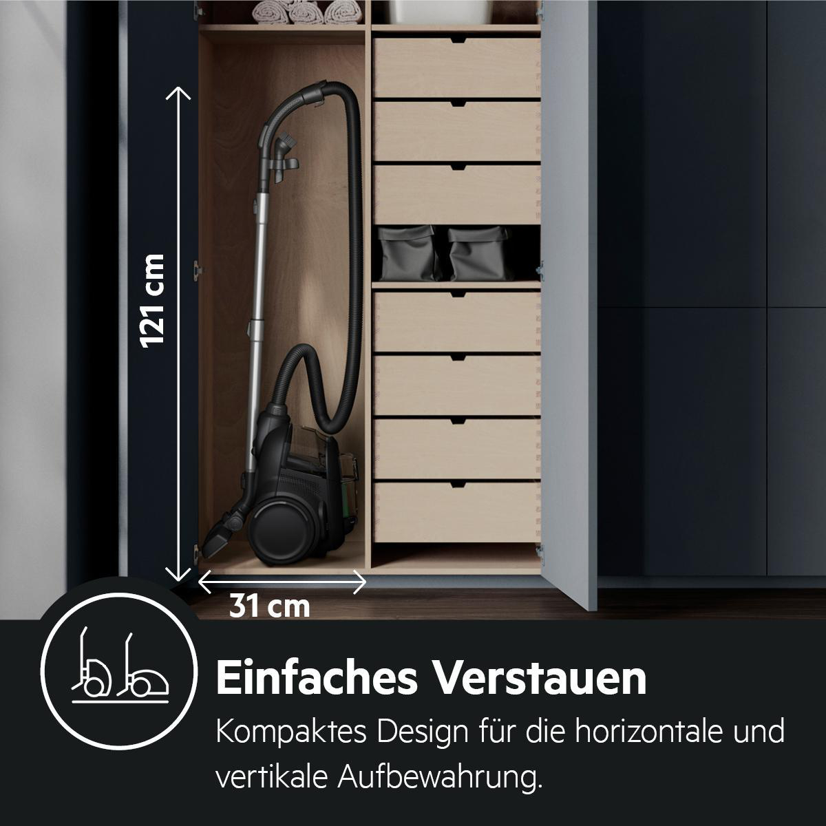 Ein Staubsauger und Schubladen in einem Schrank, mit angegebenen Abmessungen.
