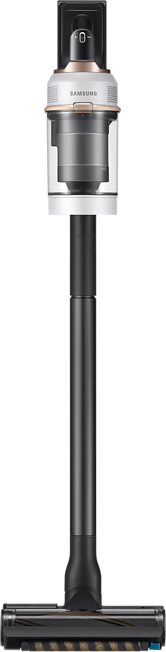 Ein weißer und schwarzer kabelloser Staubsauger von Samsung. Er hat einen langen schwarzen Griff und Bürstenkopf.