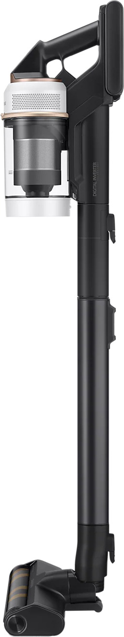 Ein schwarz-weißer Samsung Stielsauger, aufrecht stehend.
