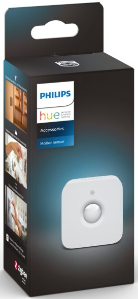 White Philips Hue motion sensor in box. Black box with images and text.
