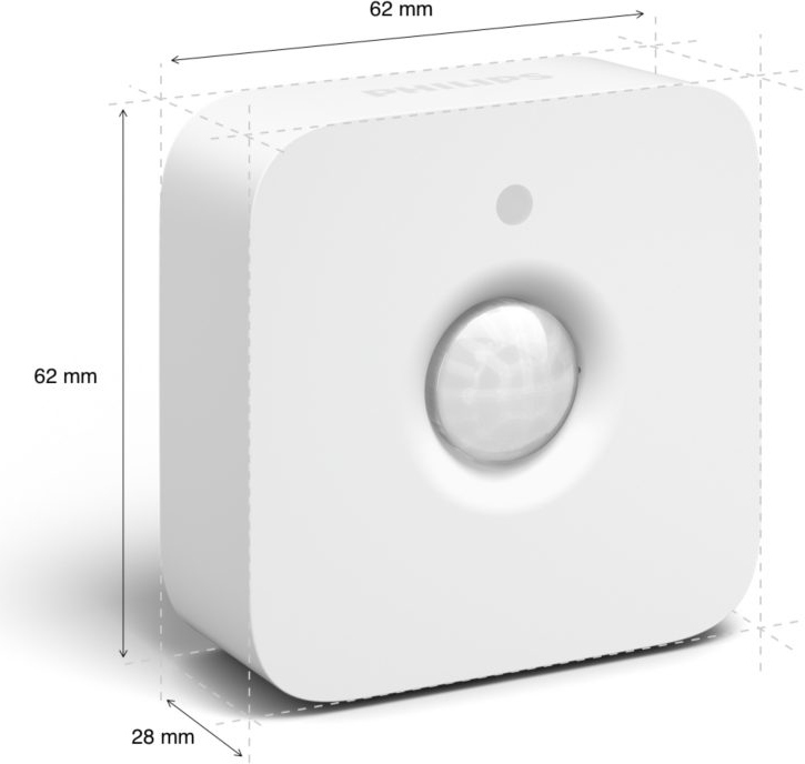 A white square Philips Hue sensor with a rounded front and dimensions overlaid.