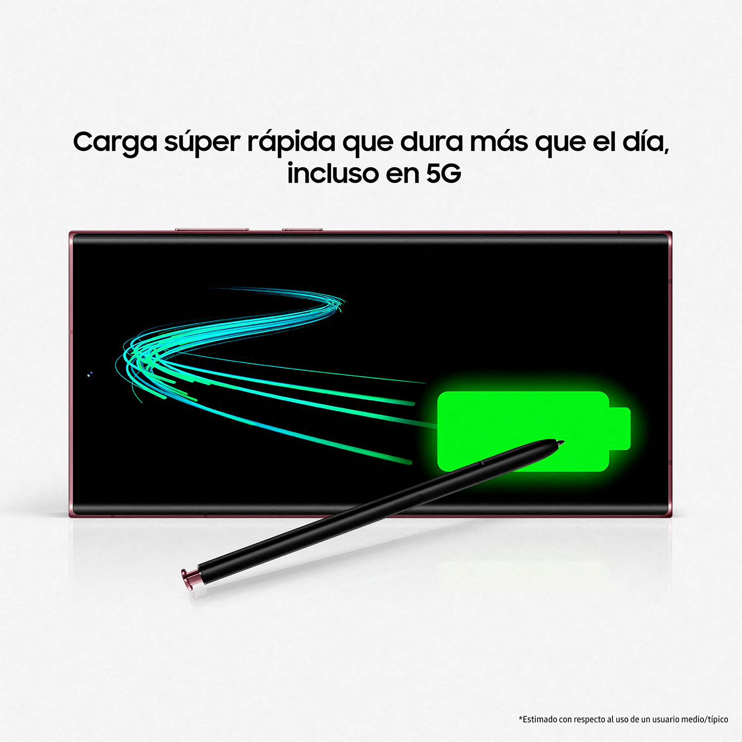 Un smartphone con un icono de batería verde brillante y un lápiz óptico.