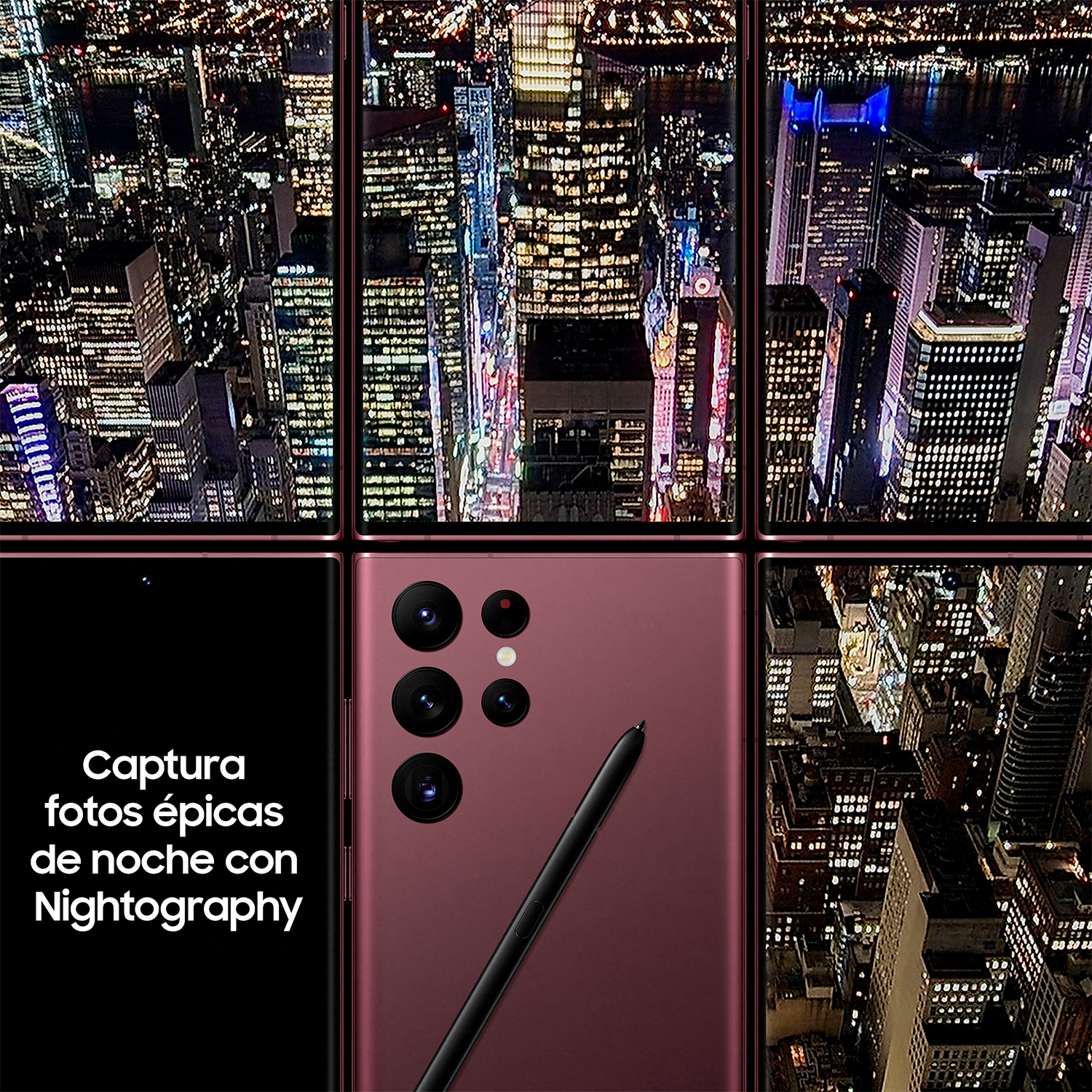 Teléfono con fotos nocturnas. Ciudad de noche, texto 'Nightography'.