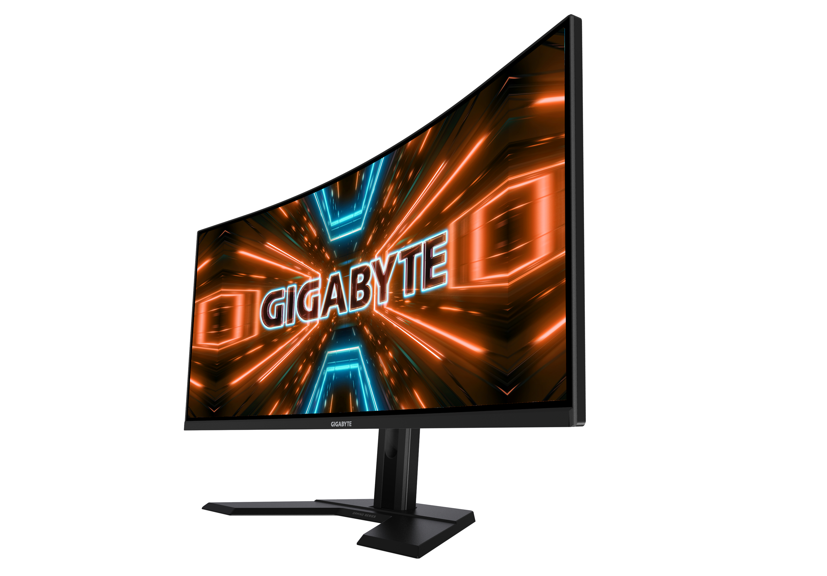 Ein gekrümmter Gigabyte-Monitor, der eine farbenfrohe Gaming-Grafik mit dem Markennamen anzeigt.