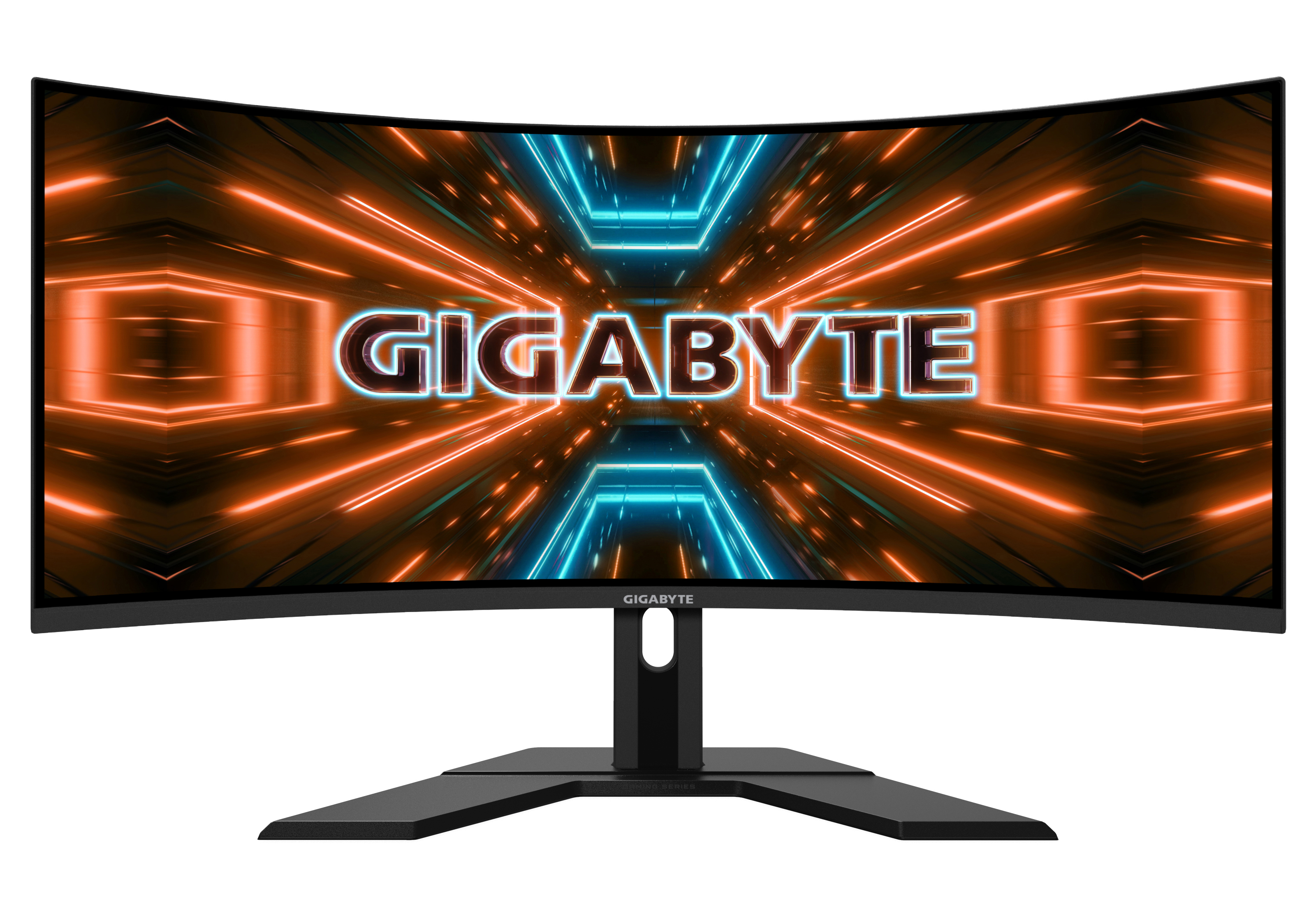 Gebogener Computermonitor mit Gigabyte-Logo und orange-blauem Lichtdesign.