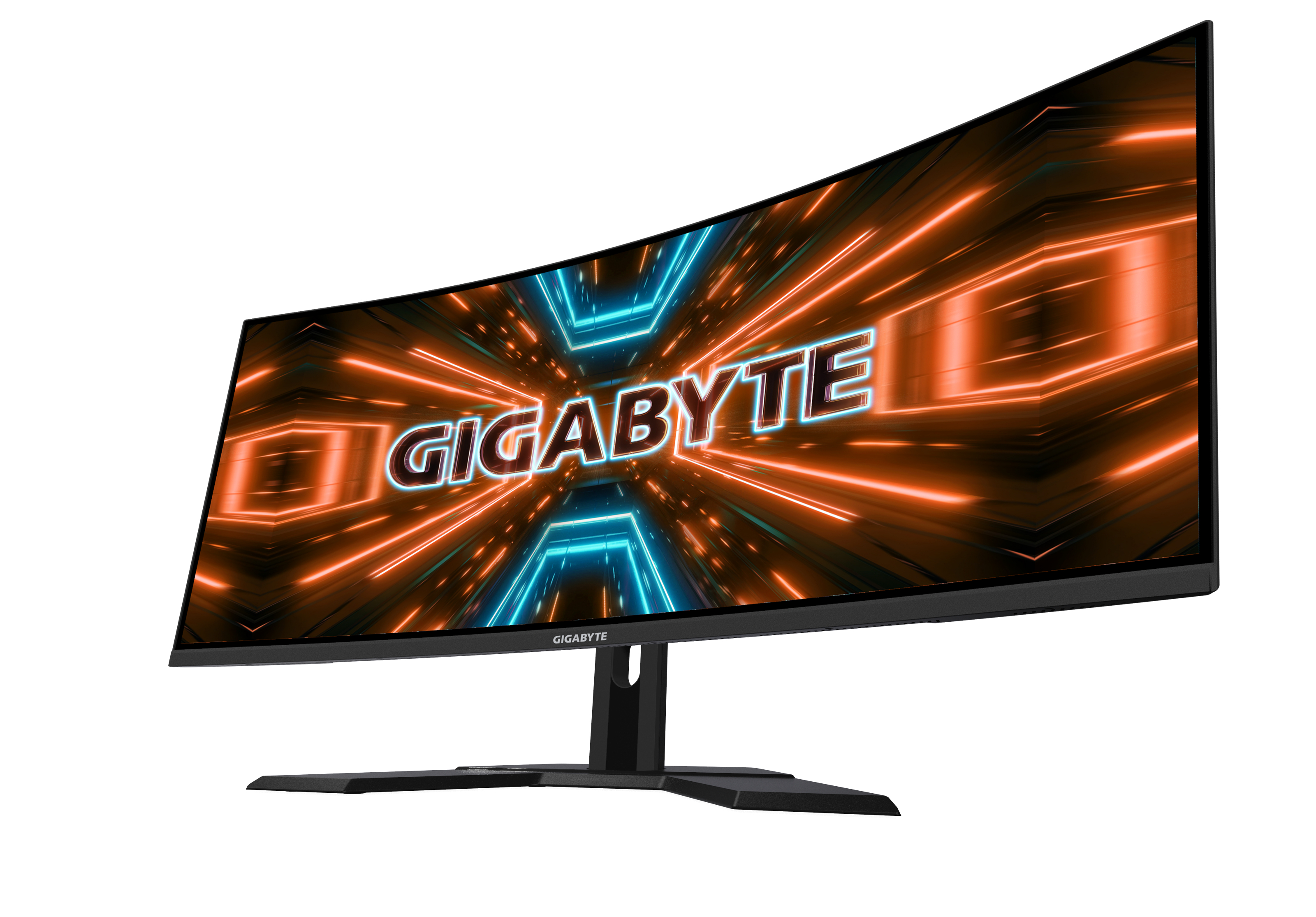 Gebogener Computermonitor mit dem Wort GIGABYTE in Orange und Blau auf weißem Hintergrund.