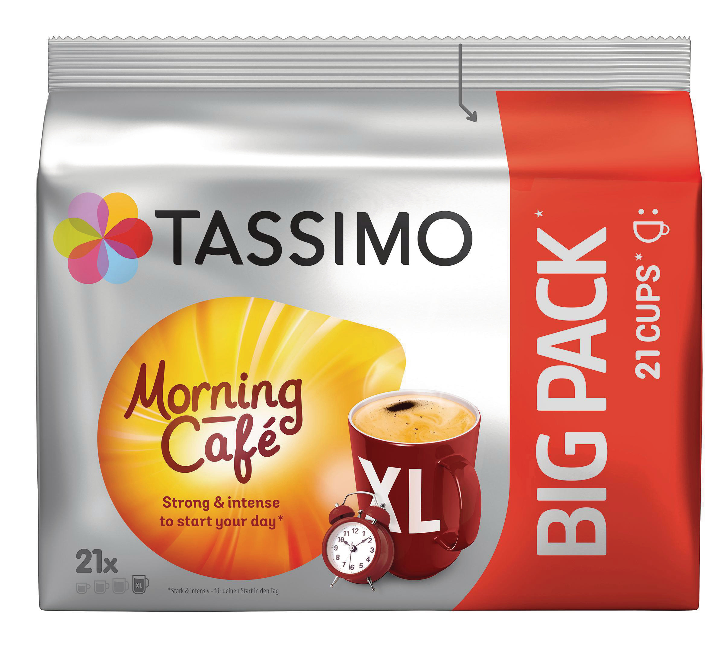 Tassimo Morning Café Kaffeepackung, mit Tasse, Wecker und Text.
