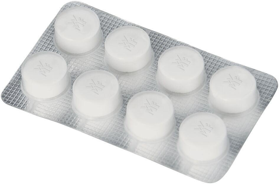 Eine Blisterpackung mit 8 weißen Pillen. Jede Pille hat das WMF-Logo.