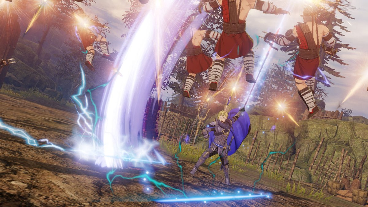 Een gevechtsscène in anime-stijl. Een ridder in blauwe cape valt aan met een zwaard, energie-effecten omringen hem en vijanden vliegen in de lucht.