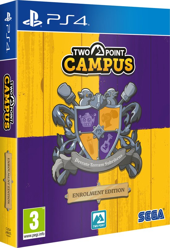 Een gamebox voor 'Two Point Campus', met een universiteitswapen en het SEGA-logo.