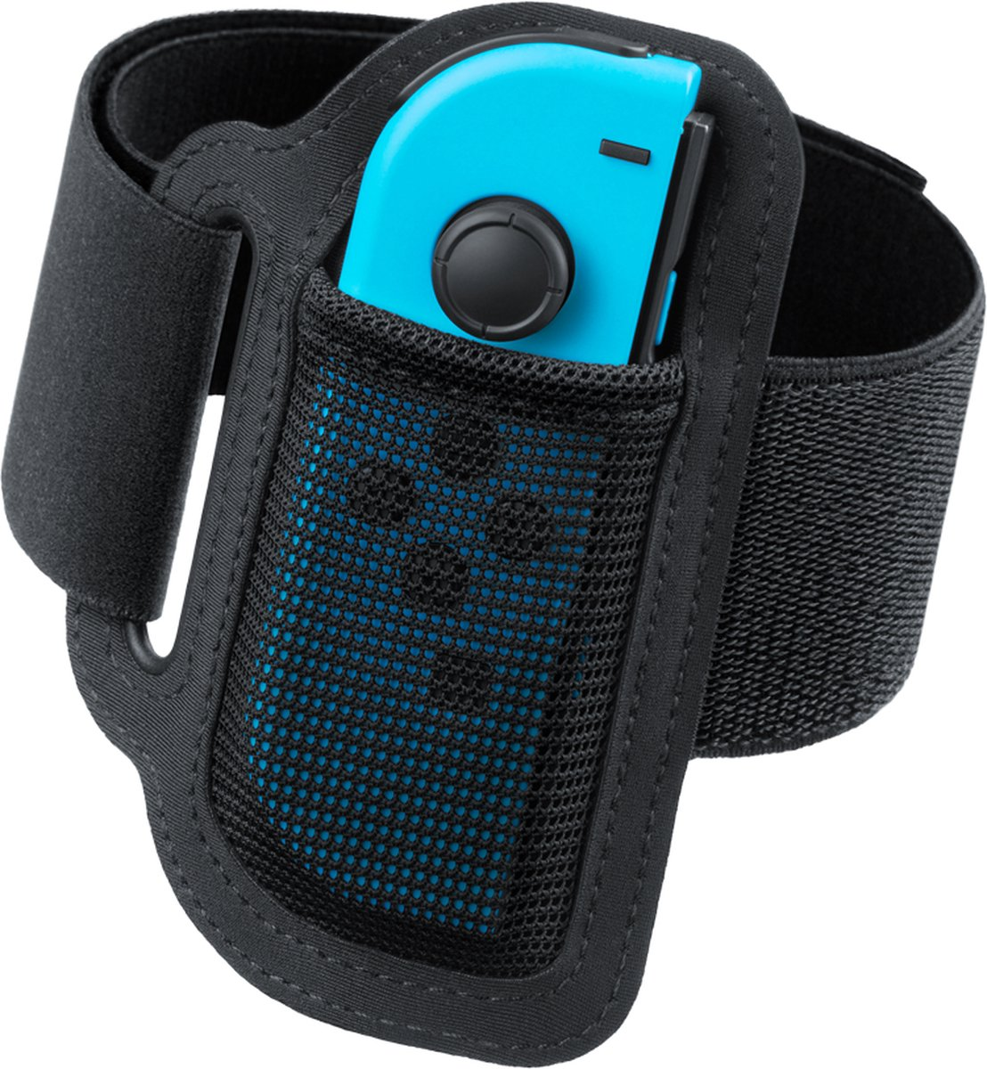 Blauwe controller in zwart mesh-vak aan zwarte armband bevestigd.