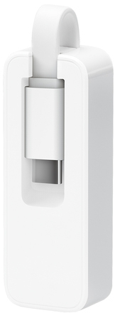 White adapter with a USB-C connector, in its white protective case.