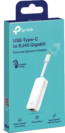 White TP-Link USB Type-C to RJ45 Gigabit Ethernet adapter in its box.