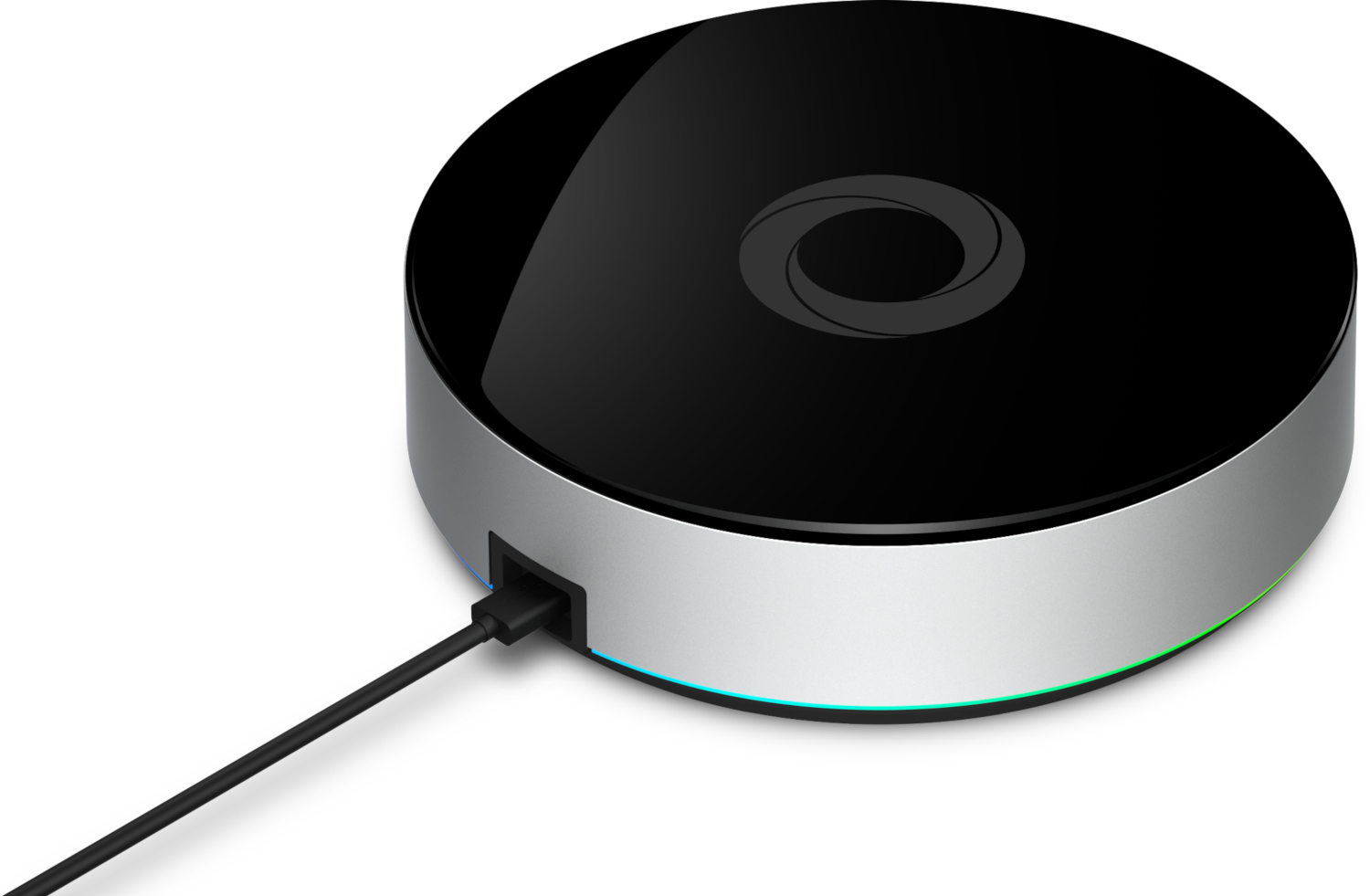 Black and silver smart home hub. It has a black top with a logo and a silver base. A black cable is plugged in.