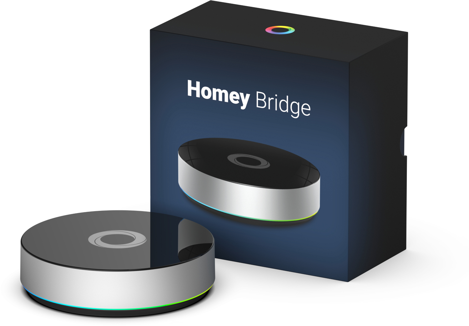 A black and silver Homey Bridge device and its dark blue box with the product name.