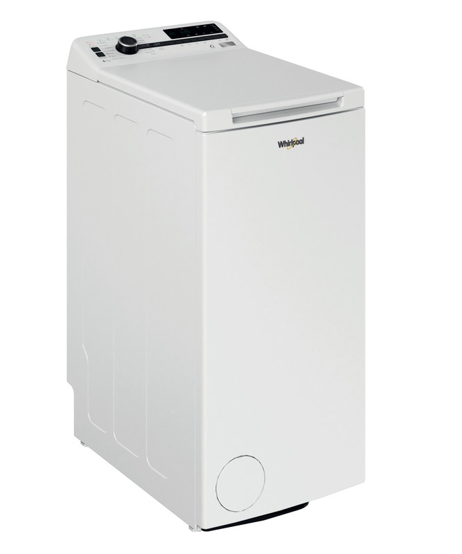 Fehér Whirlpool mosógép fehér háttérrel.