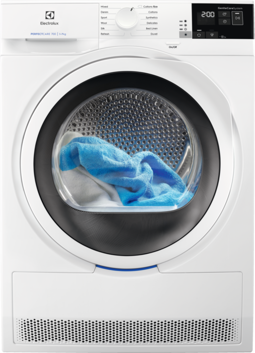Fehér Electrolux szárítógép kék törölközővel belül. Vezérlőpanel beállításokkal és digitális kijelzővel.