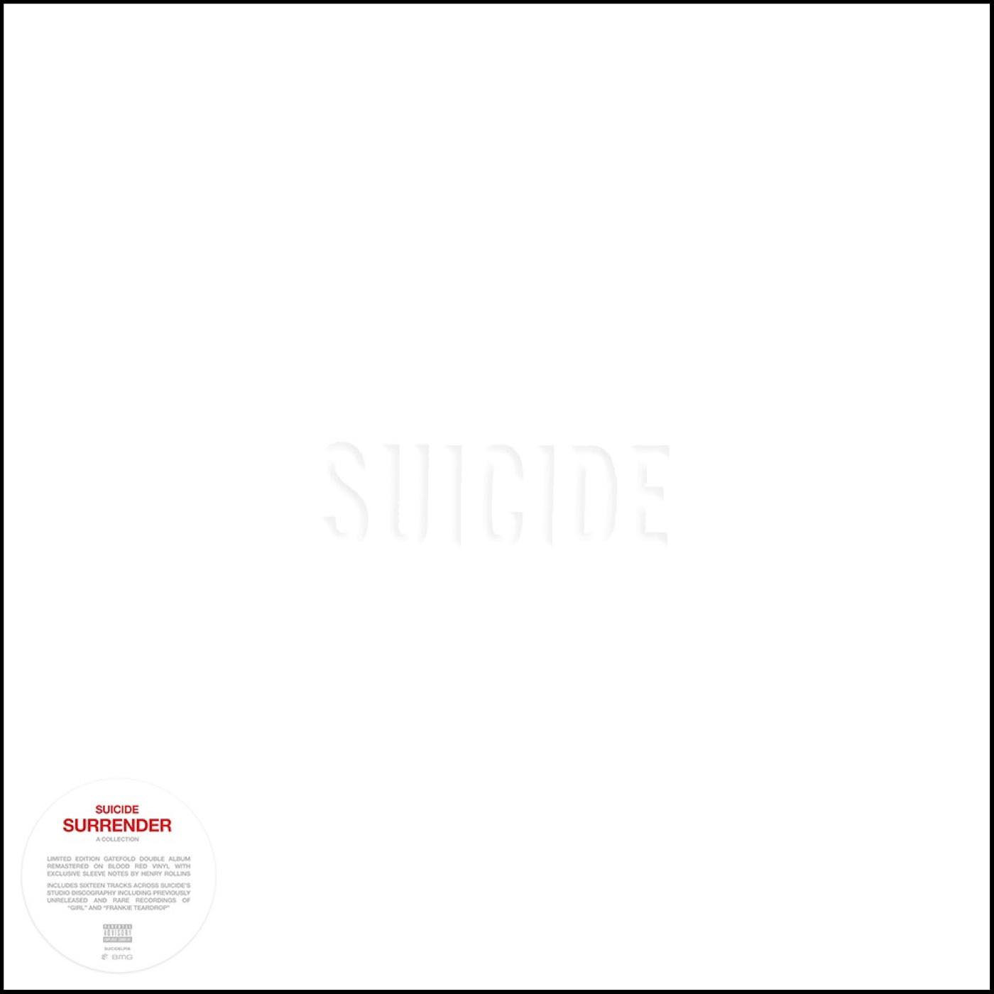 Albumcover mit weißem Hintergrund und dem Wort 'SUICIDE' in Grau. Enthält Text über das Album.