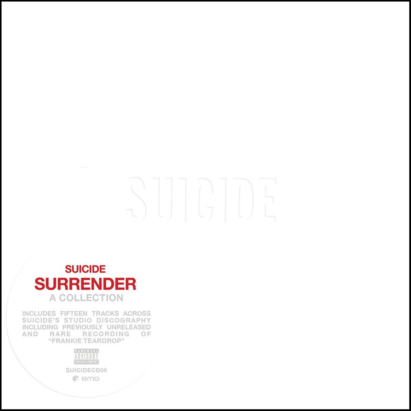 Albumcover mit dem Wort 'SUICIDE' in Weiß und dem Text 'SURRENDER' in Rot.