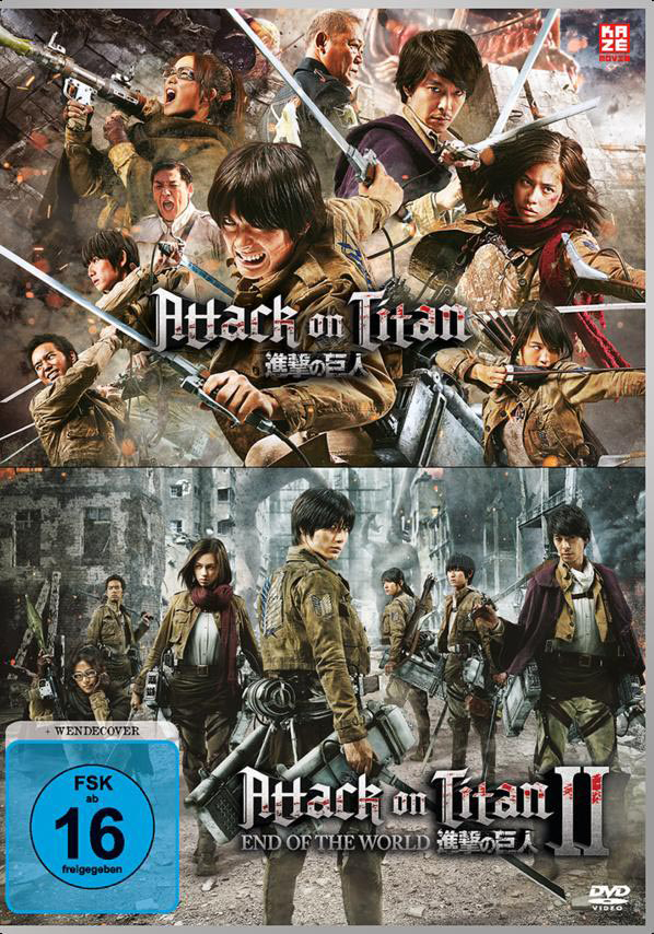 DVD-Cover von 'Attack on Titan' mit mehreren Charakteren in Actionposen und dem Titel.