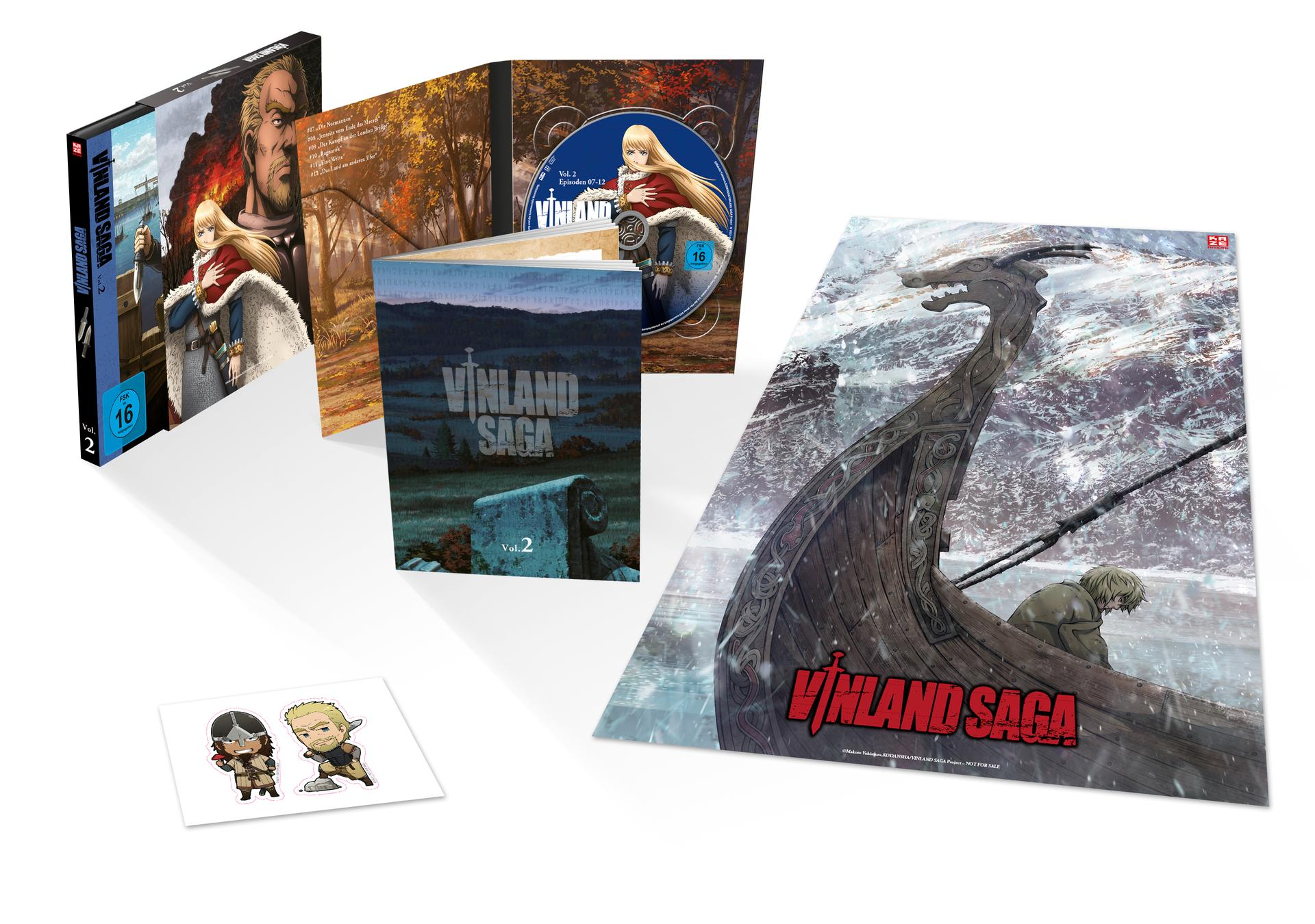 Vinland Saga Vol. 2 DVD-Box-Set mit Bildern von Charakteren und Schiff.