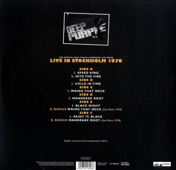Deep Purple album borítójának hátulja. Dalok listája. Fekete háttér fehér szöveggel.