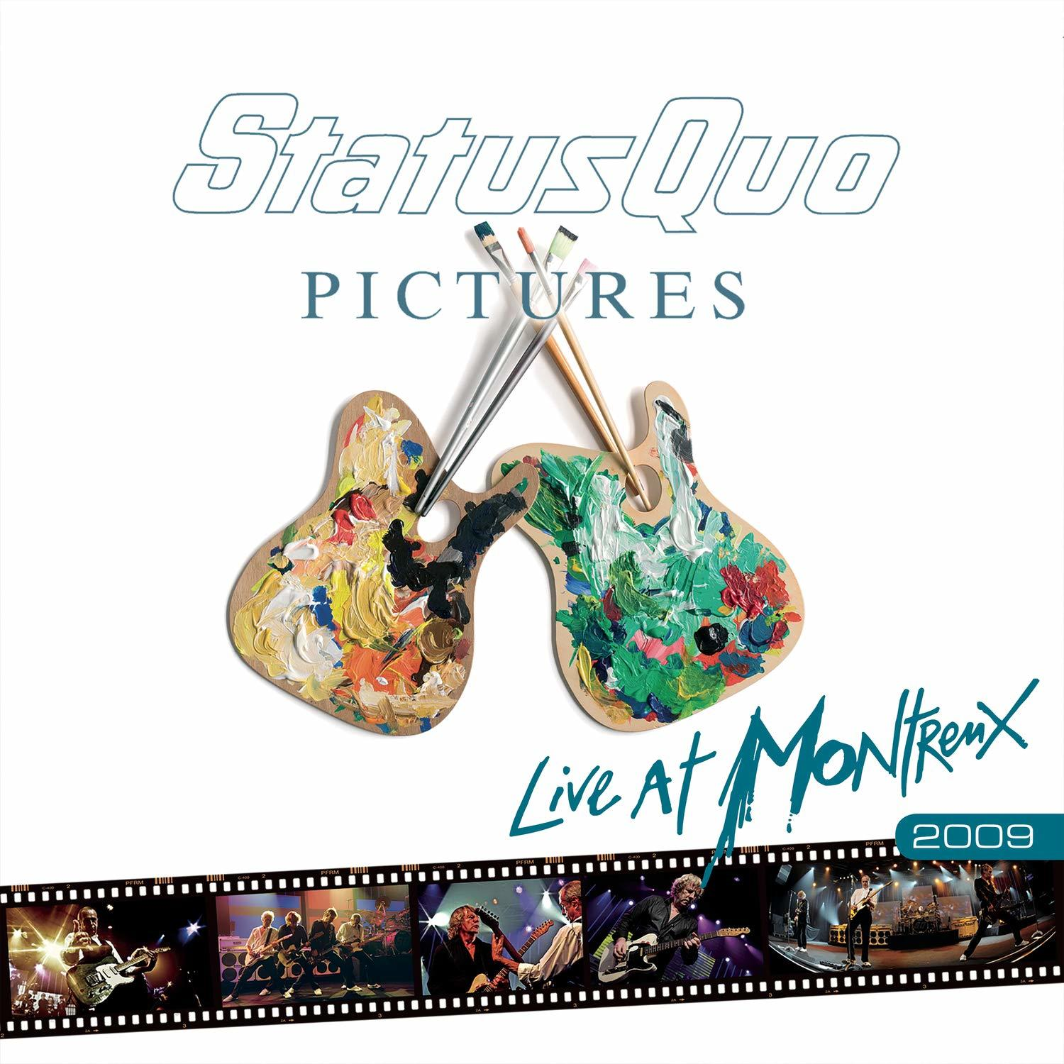 A Status Quo 'Pictures Live at Montreux 2009' album borítója gitárokkal és festékkel.