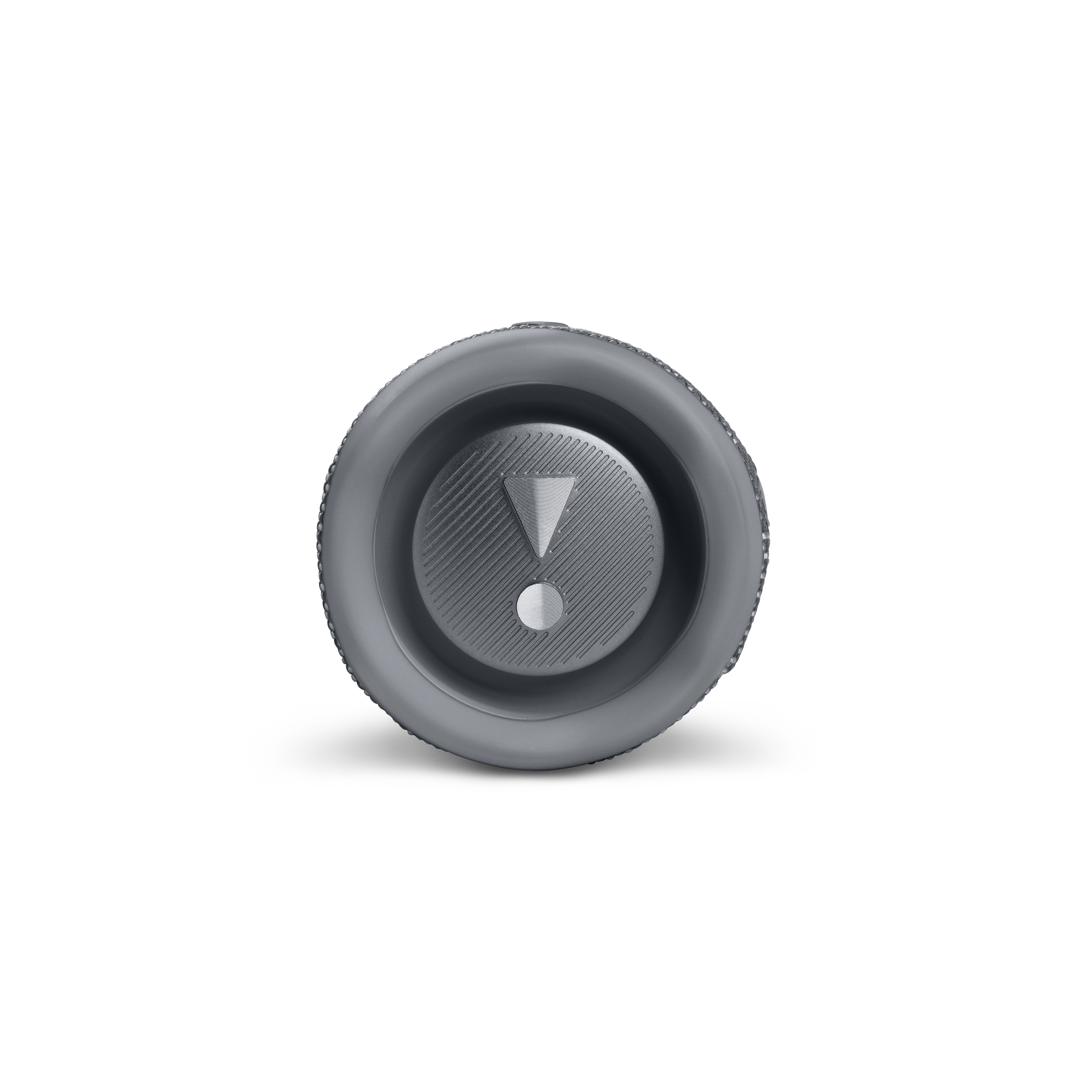 Gri bir JBL hoparlörün, JBL logosu ve ses kontrolü ile yukarıdan görünümü.