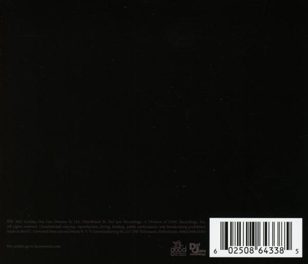 Fekete albumborító vonalkóddal és szöveggel. Kanye West 'Getting Out Dreams' felirata.