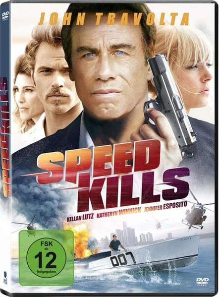 Filmposter für 'Speed Kills' mit John Travolta, der eine Waffe hält, und anderen Schauspielern. Hubschrauber im Hintergrund.