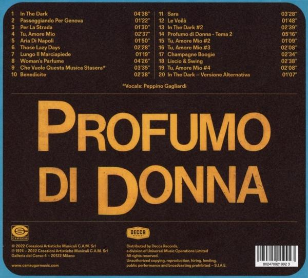Pochette de l'album. Titre : Profumo Di Donna. Le texte et la liste des titres sont en italien, avec les informations sur les droits d'auteur et le distributeur.