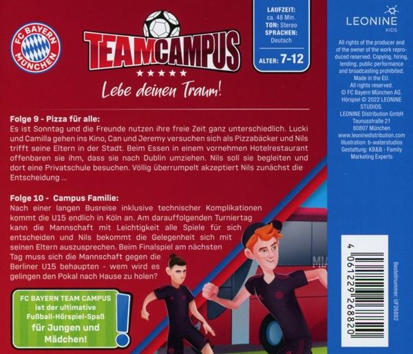 Rückseite eines Kinderbuchs mit Cartoon-Bildern und Text, einschließlich des FC Bayern Logos.