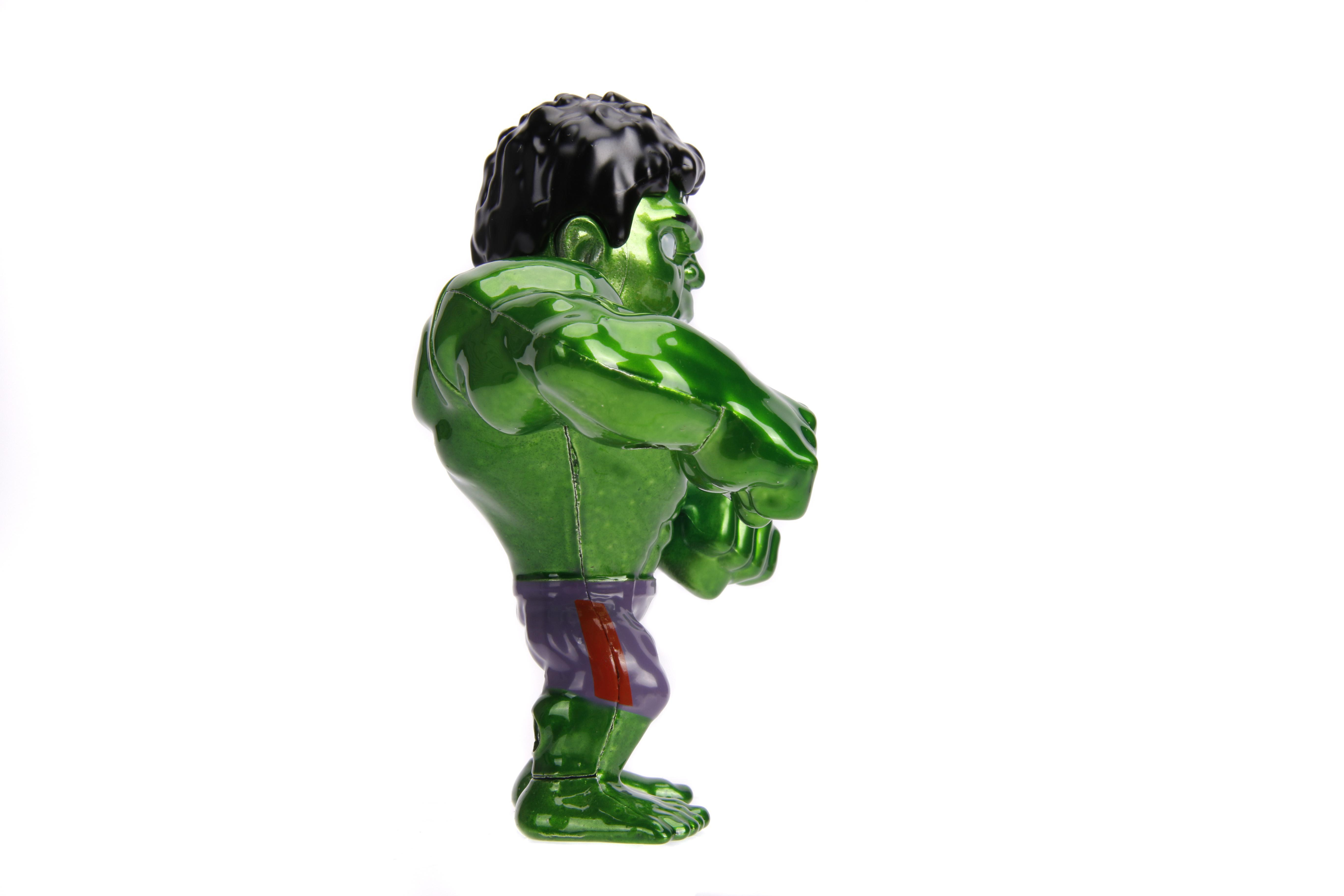 Hulk-Actionfigur, grün und lila, Seitenansicht, weißer Hintergrund.