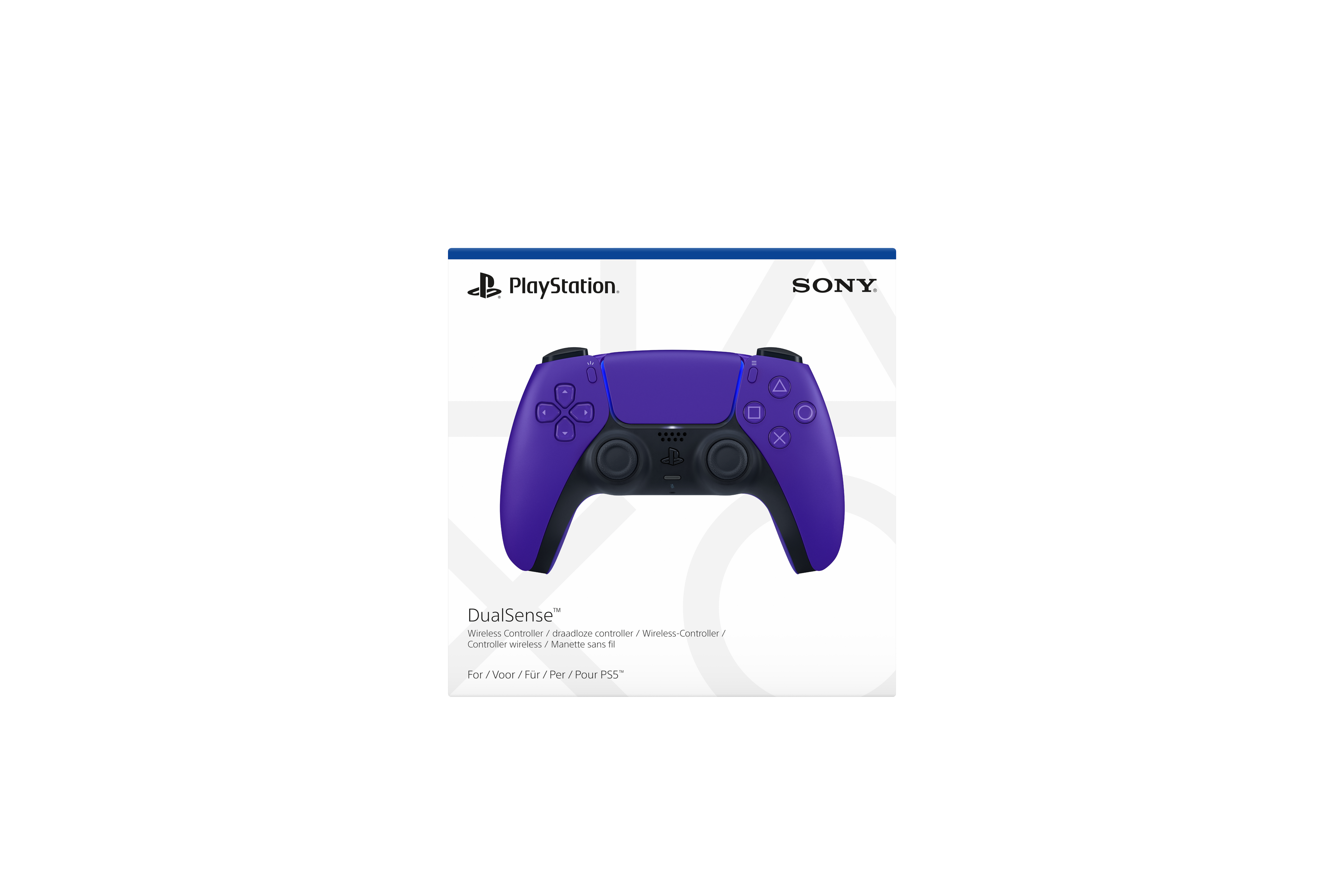 PlayStation 5 DualSense Controller in lila Verpackung. Der Controller hat Tasten und ein Touchpad.