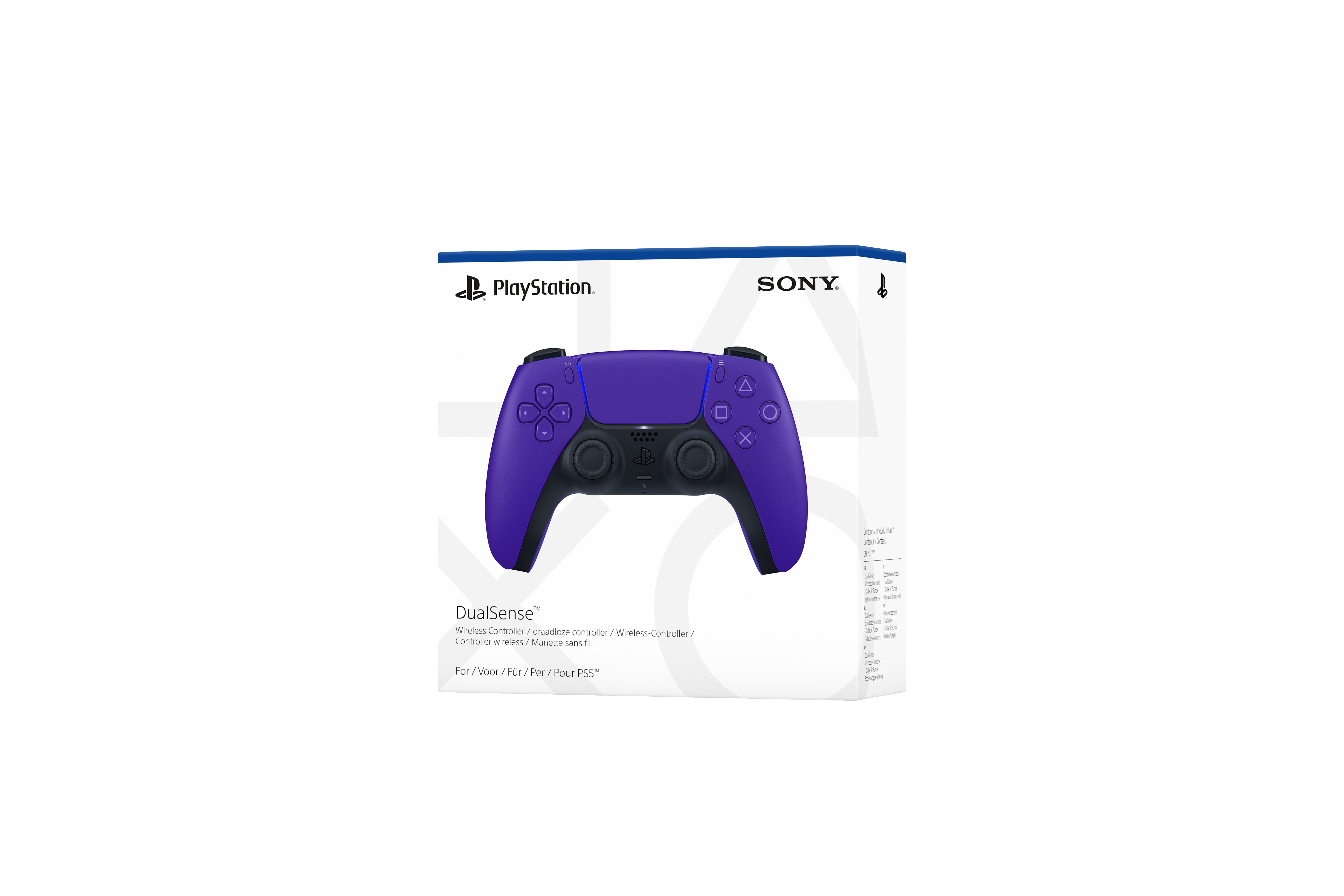 Ein lila PlayStation DualSense-Controller auf seiner Box, weißer Hintergrund.