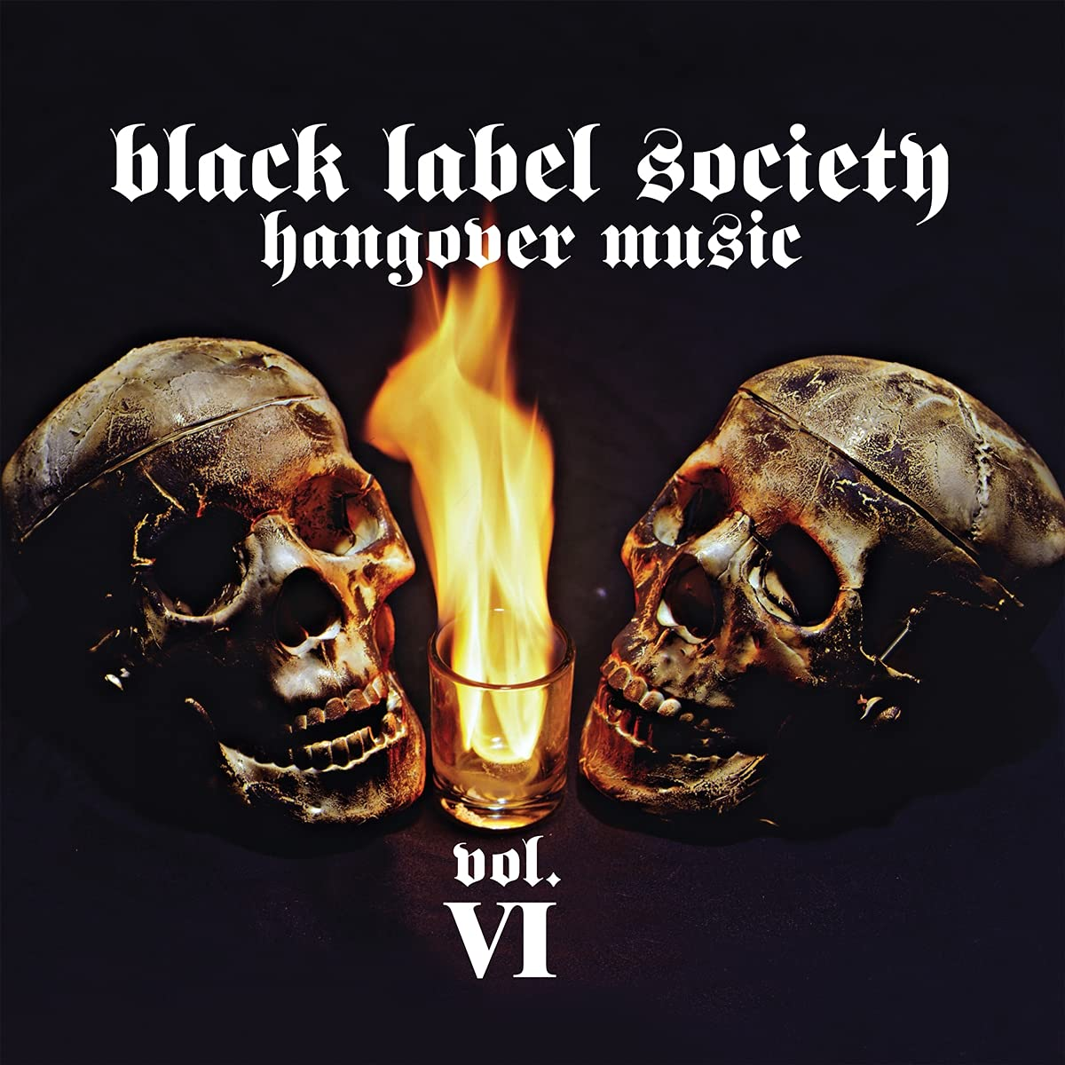 Album borító két koponyával. Egy pohár tűzzel közöttük. Black Label Society, Hangover Music.