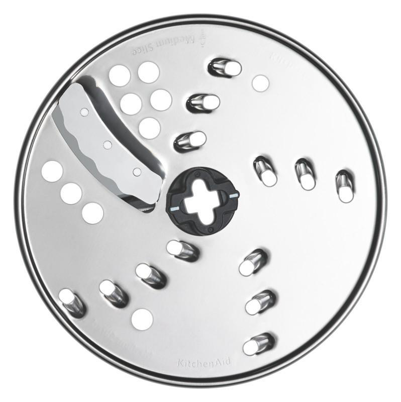Eine kreisförmige Küchenhilfe-Lebensmittelverarbeitungs-Klinge aus Edelstahl mit Löchern und Nabe.