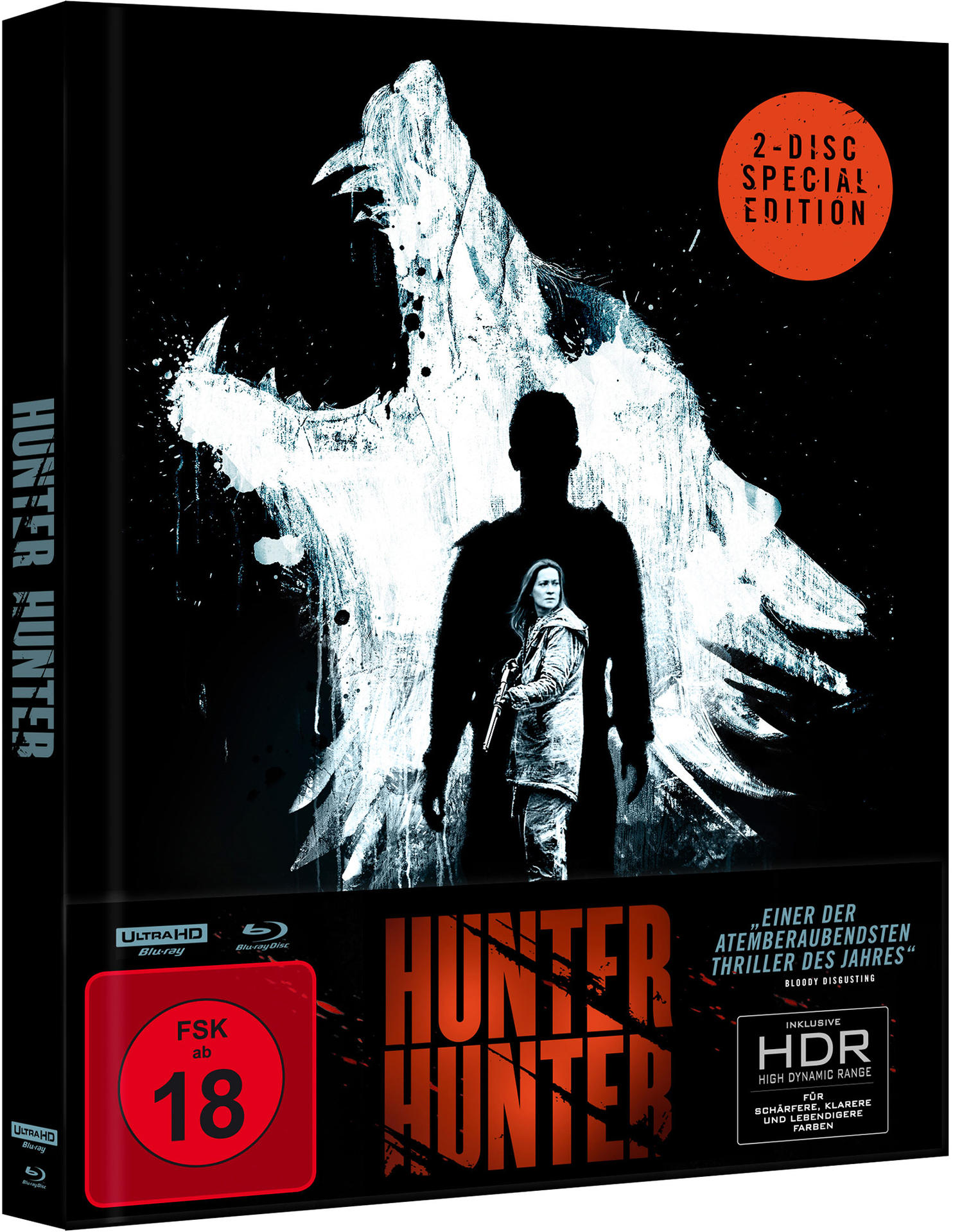 DVD-Box mit einem Wolf und einer Person auf dem Cover. Der Titel lautet Hunter Hunter.