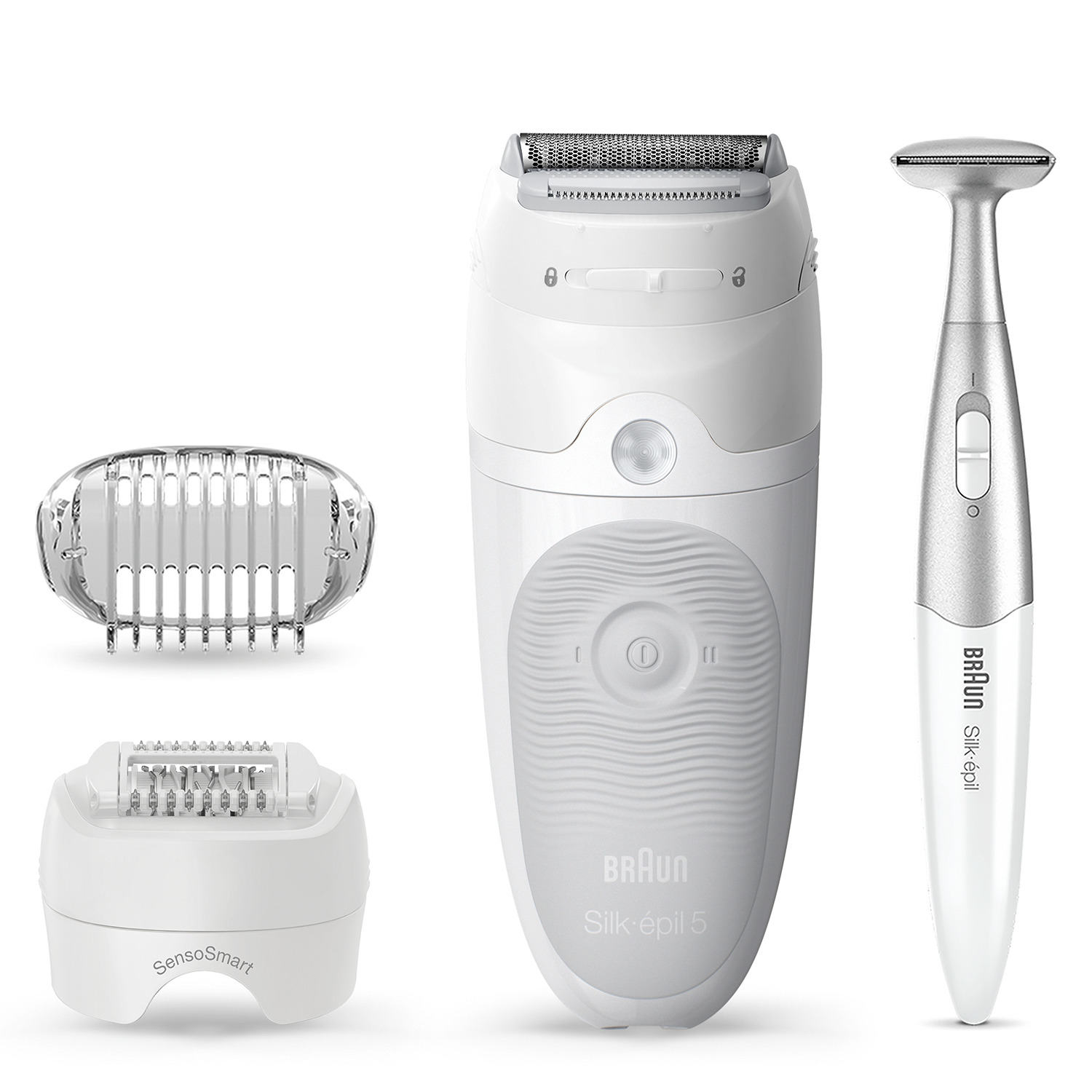 Braun Silk-épil 5 epilator en accessoires. Wit en zilver design.