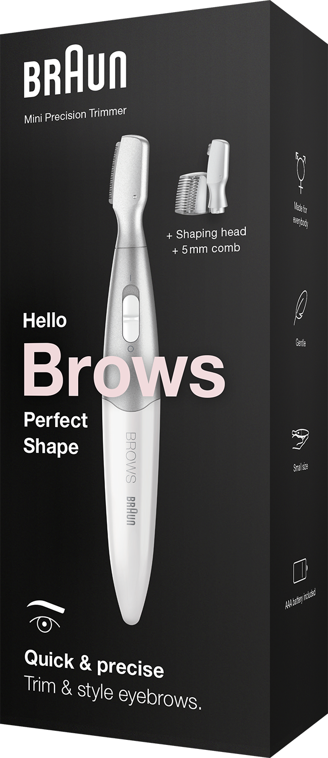A black box with a white Braun Mini Precision Trimmer. Product is designed to trim and style eyebrows.