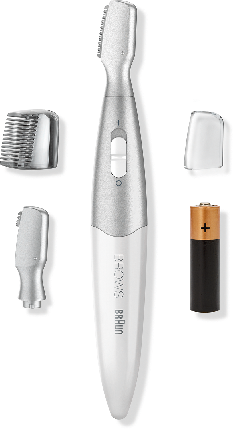 Braun eyebrow trimmer, silver and white, with attachments and a battery.