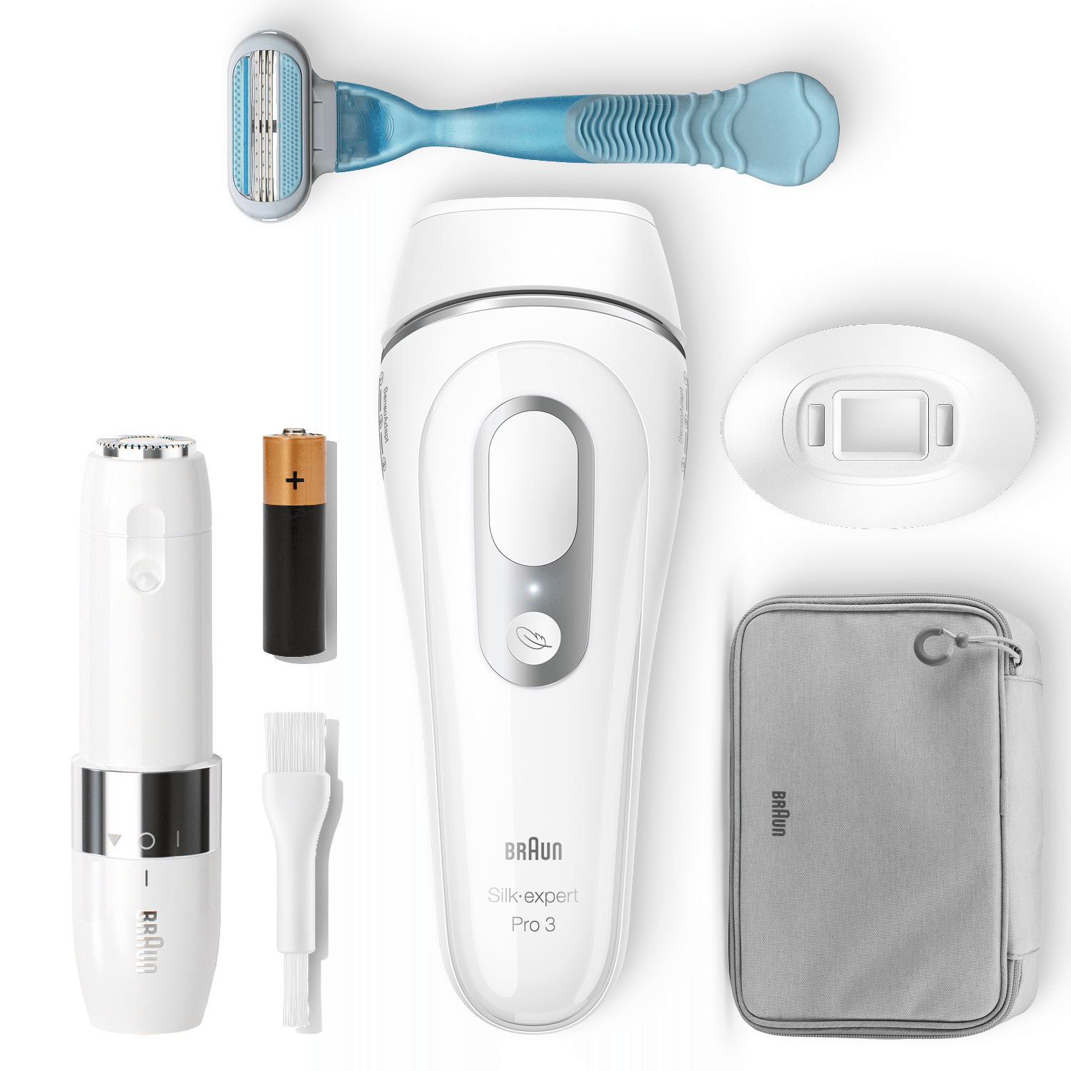 A white Braun Silk-expert Pro 3 IPL device with accessories, placed on a white surface.
