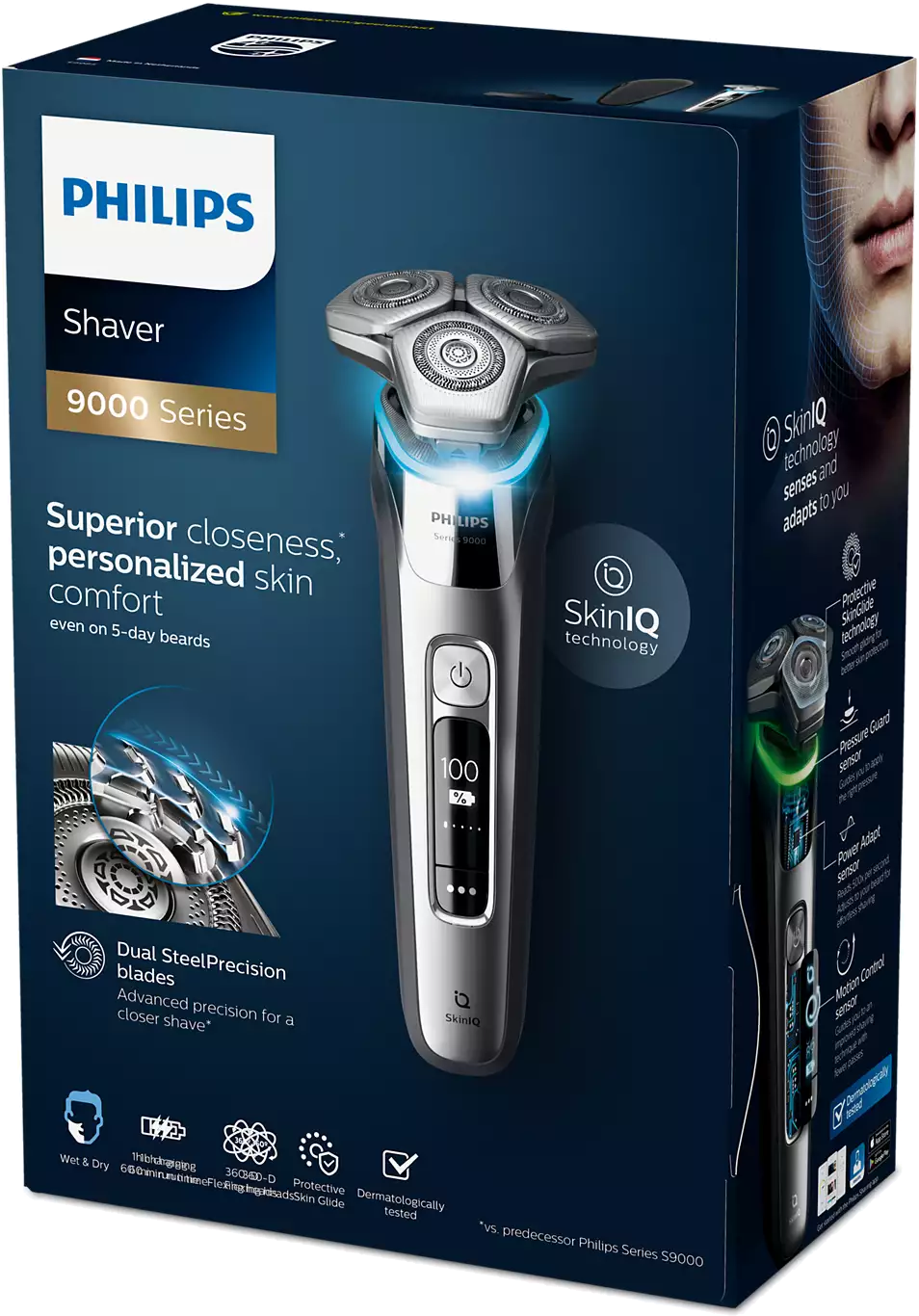 PHILIPS S9985/35 Elektrischer Nass- und Trockenrasierer Series 9000, chrome silver Rasierer (Batteriebetrieb, Silber, verchromt, Dual SteelPrecision Klingen)