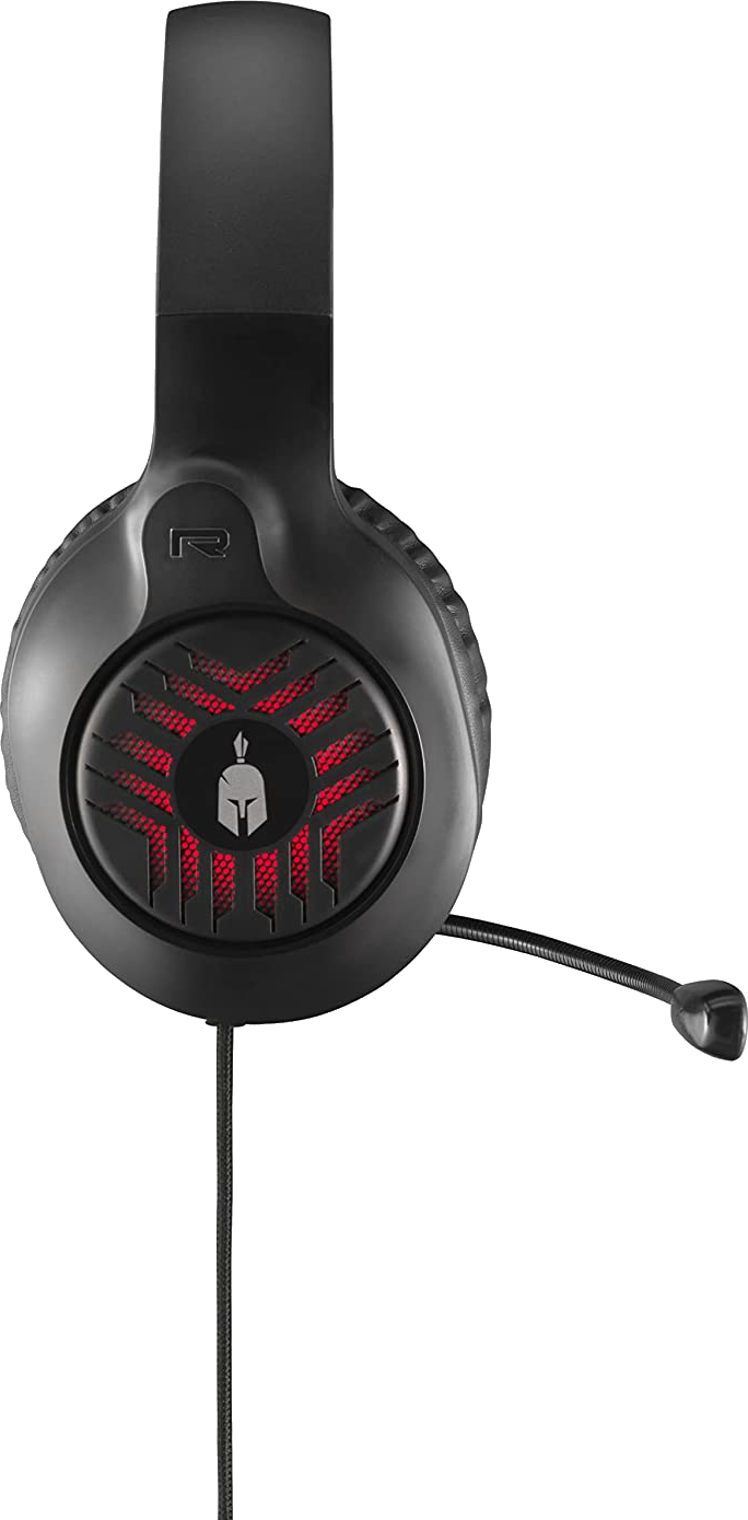 Fekete gamer headset piros díszítéssel. A headset jobb oldala látható.